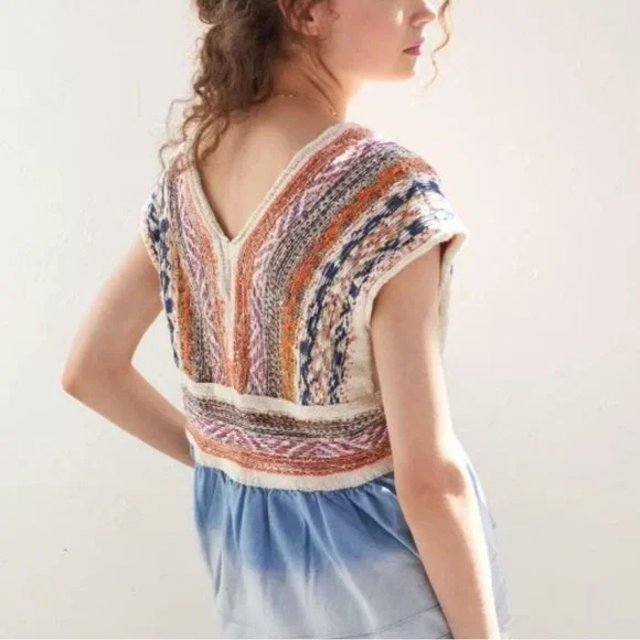 Anthropologie Pilcro knit peplum with chambray flounce so small - Picture 2 of 6